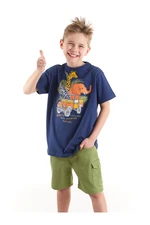 Mushi Safari Boys Kid's Navy Blue T-shirt, Green Gabardine Shorts Set.