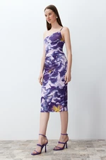 Trendyol Limited Edition Purple Printed Fitted Midi One-Shoulder Elastic Knit Dress