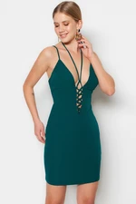 Trendyol Emerald Green, Fitted, elegáns estélyi ruha szőtt nyakkendővel