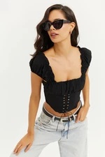 Cool & Sexy Women's Black Crop Blouse with Eyelets YEL26