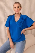Cotton blouse with decorative bow cornflower blue
