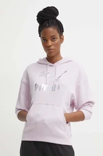 Mikina Puma CLASSICS Shiny Logo Hoodie dámska,fialová farba,s kapucňou,s potlačou,625595