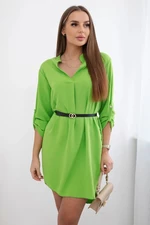 Dress with a longer back and a belt of bright green