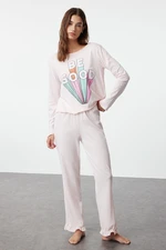 Trendyol Powder 100% Cotton Slogan Printed Ruffle Knitted Pajama Set Trendyol Powder 100% Cotton Slogan Printed Ruffle Knitted Pajama Set