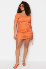 Trendyol Curve Orange Fitted Dress with Knitted Sides and Shirring Details
