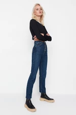 Trendyol Dark Blue High Waist Bootcut Jeans with Buttons at the Front and Cut-Off.