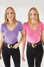 Olalook Women's Pink-Lilac V-Neck Short Sleeved 2-pack Blouse