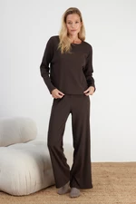 Trendyol Brown Ribbed Cotton Tshirt-Pants Knitted Pajamas Set