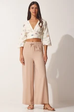 Happiness İstanbul Women's Beige Cotton Viscose Palazzo Pants