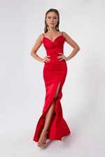 Lafaba Women's Red Satin Evening Dress &; Prom Dress with Straps and a Slit