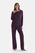 Dagi Purple Boat Collar Long Sleeved Combed Cotton Modal Knitted Pajamas Set