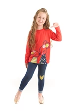 Denokids Cute Mouse Girl Kid's Red T-shirt, Navy Blue Leggings Suit.