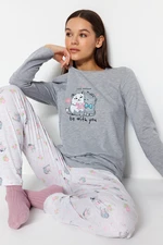 Trendyol Gray Melange Cotton Tshirt-Pants Knitted Pajama Set