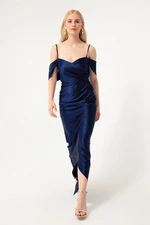 Lafaba Women's Navy Blue Slim Straps Double Breasted Collar With Slits Long Evening Dress.