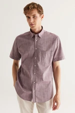 AC&Co / Altınyıldız Classics Men's Claret Red Comfort Fit Comfy Cut Concealed Button Collar 100% Cotton Flared Short Sleeve Shirt.