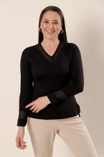 By Saygı The collar and sleeve ends are silvery perforated. Work Front Short Long Back Plus Plus Size Acrylic Sweater Black.