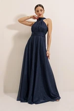 By Saygı Halterneck, Lined, Glittery Long Dress, Navy