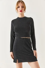 armonika Women's Sequined Sequins Lined Mini Skirt with a Slit in the Front.
