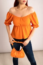 armonika Women's Orange Madonna Collar Blouse With Elastic Waist And Sleeves
