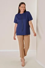 By Saygı Short Sleeve Plus Size Blouse with Vertical Stone Print on the Front