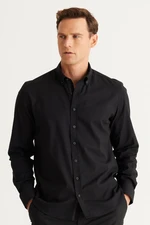 ALTINYILDIZ CLASSICS Men's Black Slim Fit Slim Fit Buttoned Collar Cotton Gabardine Shirt.