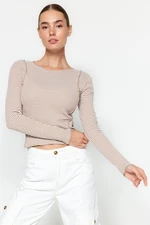 Trendyol Camel Stripe Ribbed Ribbons Fitted/Slippery Knitted Blouse Trendyol Camel Stripe Ribbed Ribbons Fitted/Slippery Knitted Blouse