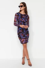 Trendyol Purple Limited Edition Printed Mini Tulle Knitting Dress, Fitted with Lining