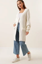 By Saygı Plush Pockets Lycra Sweater Cardigan Cream