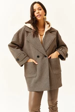 Olalook Women's Camel Lined Pocket Oversize Herringbone Coat