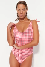 Trendyol Red Gingham, Textured V-Neck Tie Normal Leg Swimsuit