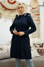 InStyle Zipper Detail Furry Coat - Navy Blue