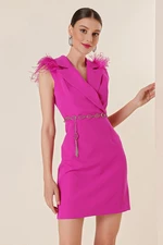 By Saygı Double-breasted Collar Feather Detailed Dress with a Belt Fuchsia