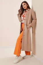 By Saygı Beige Lycra Suede Coat with Side Pockets and Belted Waist.