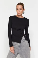 Trendyol Black Single Slit Detail Cotton Gathered Crew Neck Knitted Blouse Trendyol Black Single Slit Detail Cotton Gathered Crew Neck Knitted Blouse