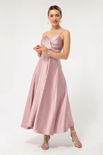 Lafaba Women's Powder Satin Midi Evening Dress &; Prom Dress with Thread Straps and Waist Belt