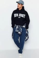 Trendyol Navy Blue Oversize/Wide-Fit City Printed Cotton Fleece Sweatshirt