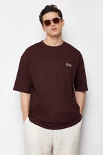 Trendyol Brown Oversize 100% Cotton Crew Neck Minimal Text Printed T-Shirt