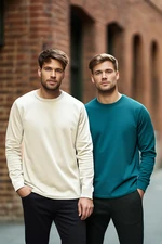 Trendyol Petrol-Ecru Men's Pack of 2 100% Cotton Long Sleeve Regular Cut Basic T-Shirt