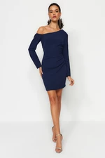 Trendyol Navy Blue Fitted Draped Elegant Evening Dress