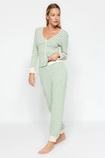 Trendyol Green Striped Cotton Cuff and Piping Detailed Tshirt- Jogger Knitted Pajamas Set