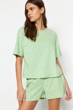 Trendyol Mint 100% Cotton Heart Patterned T-shirt-Shorts Knitted Pajamas Set