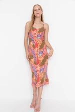 Trendyol Multi-colored Fitted Midi Midi Dress With Low-Cut Back Floral Print