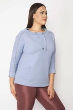 Şans Women's Plus Size Blue Sweatshirt with Eyelets and Stones Detailed Pockets