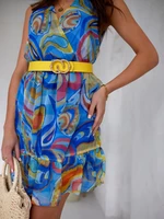 Bright, patterned dress with belt in dark blue-yellow color
