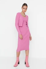 Trendyol Pink Pink Fitted Midi Knitwear Cardigan Dress Suit