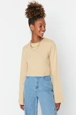 Trendyol Beige 100% Cotton Crop Crew Neck Flare Sleeve Knitted T-Shirt