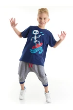 Mushi Wave Surfing Boys Children's Navy Blue T-shirt with Striped Capri Shorts Set