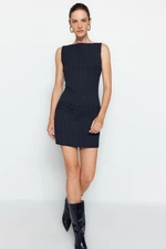 Trendyol Navy Blue Belted Mini Striped Body Fitted Woven Dress