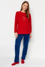 Trendyol Red Fleece Motto Tshirt-Pants Knitted Pajamas Set