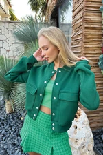 Trend Alaçatı Stili Women's Green Snap Closure Double Pocket Crop Jacket